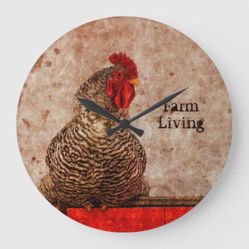 Rooster Vintage Antique Brown Texture Farmhouse Large Clock