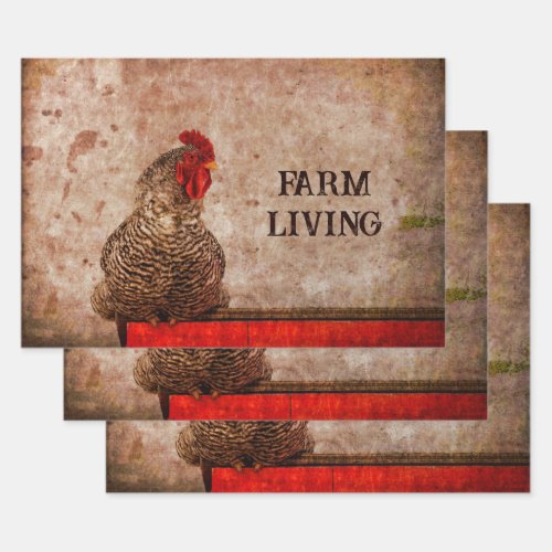 Rooster Vintage Antique Red Brown Texture Farm Wrapping Paper Sheets