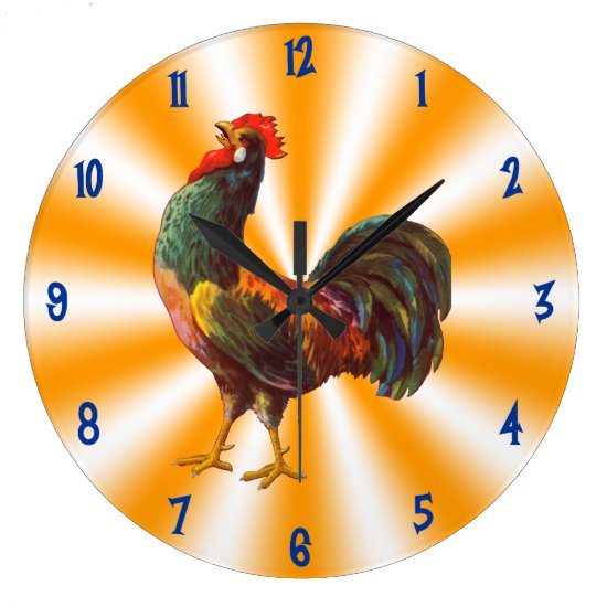 Rooster Vintage Art on Orange White Kitchen Clock