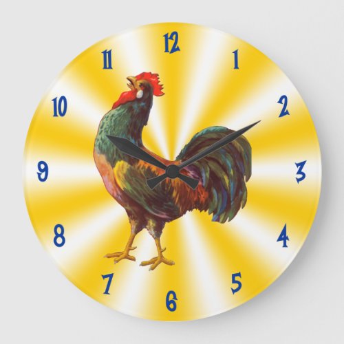 Rooster Vintage Art on Yellow White Kitchen Clock