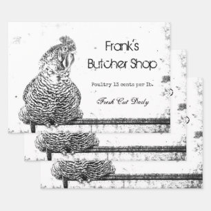 Rooster Vintage Farm Black White Texture Country Wrapping Paper Sheets