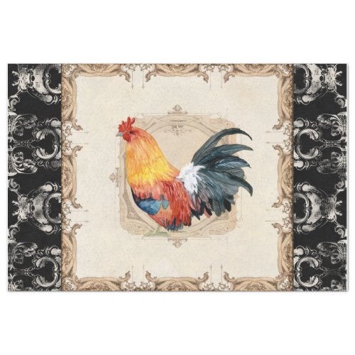 Rooster Vintage French Damask Black Decoupage Tiss Tissue Paper