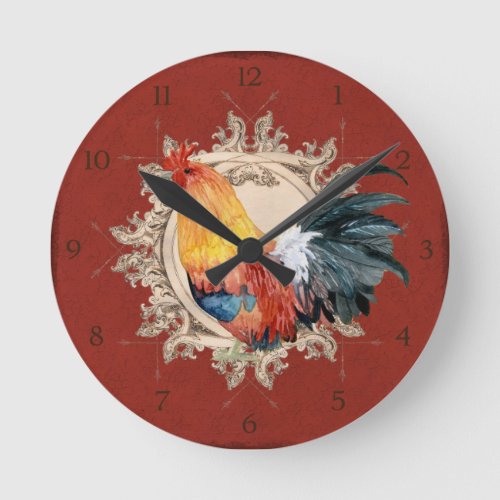 Rooster Vintage Red French Country Rustic Barn Round Clock