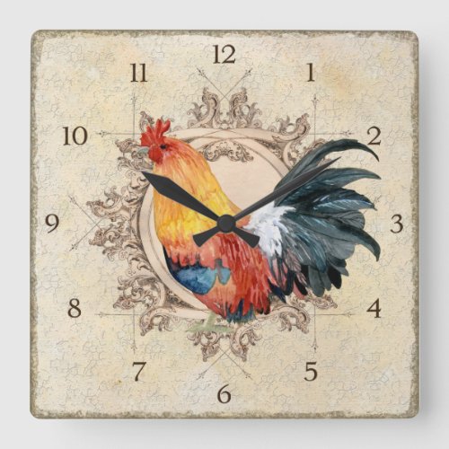 Rooster Watercolor Black Tan Vintage Farmhouse Square Wall Clock