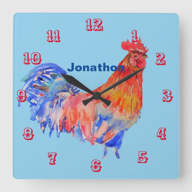 Rooster Watercolor Chicken Childrens Room Clock (Front)