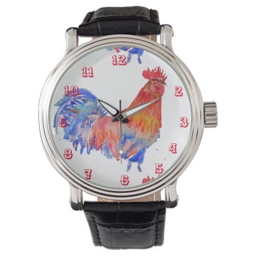 Rooster Watercolor Chicken Cockerel Red Mens Watch