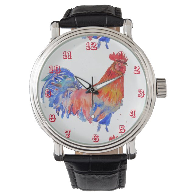 Rooster Watercolor Chicken Cockerel Red Mens Watch (Front)