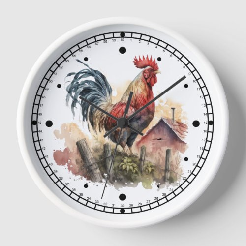 Rooster watercolor farmyard country kitchen clock