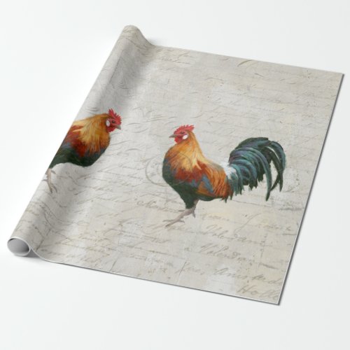 Rooster Watercolor Marble Script Vintage Decoupage Wrapping Paper