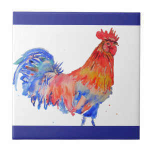 Rooster Watercolor Red Yellow Blue Chicken Ceramic Tile