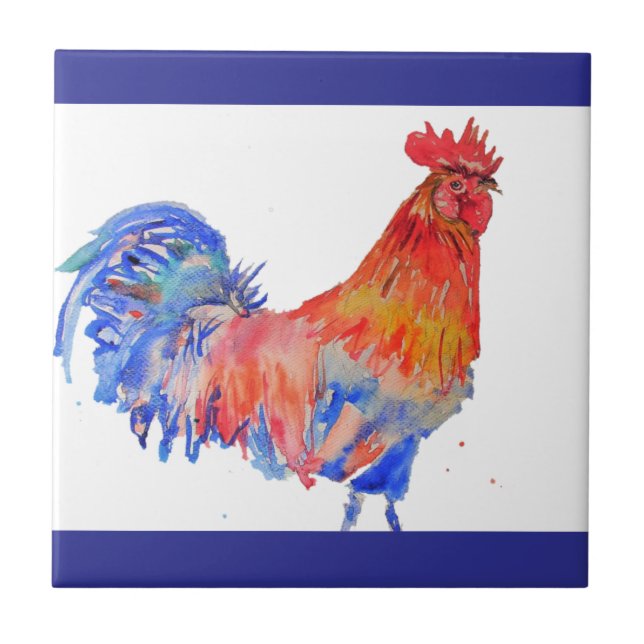 Rooster Watercolor Red Yellow Blue Chicken Ceramic Tile (Front)
