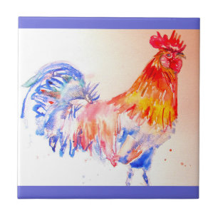Rooster Watercolor Red Yellow Blue Chicken Ceramic Tile