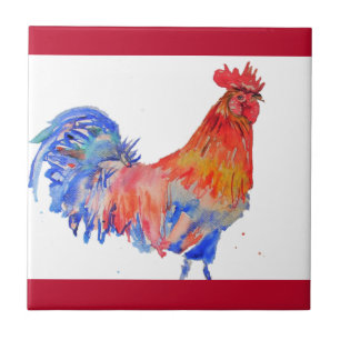 Rooster Watercolor Red Yellow Blue Chicken Ceramic Tile