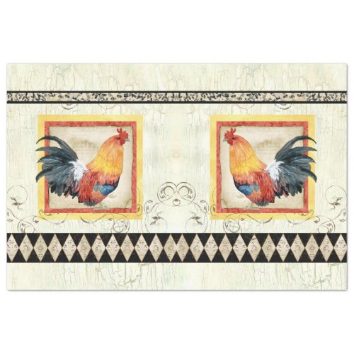 Rooster Watercolor Rustic Harlequin Wood Decoupage Tissue Paper
