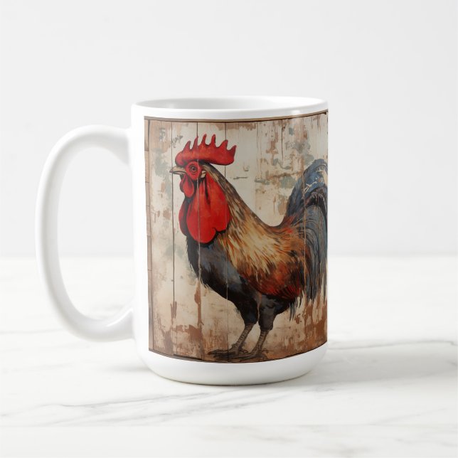 Rooster, weathered barn wood, rustic, coffee cup,  coffee mug (Left)