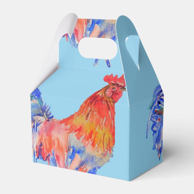 Rooster Wedding Cake Favor Box Chicken Red Blue (Front Side)
