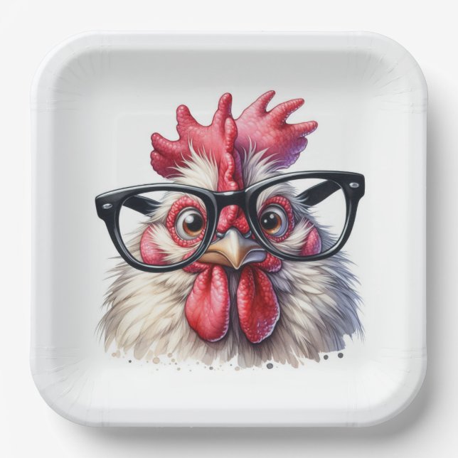 Rooster With Black Glasses Paper Plates (Front)