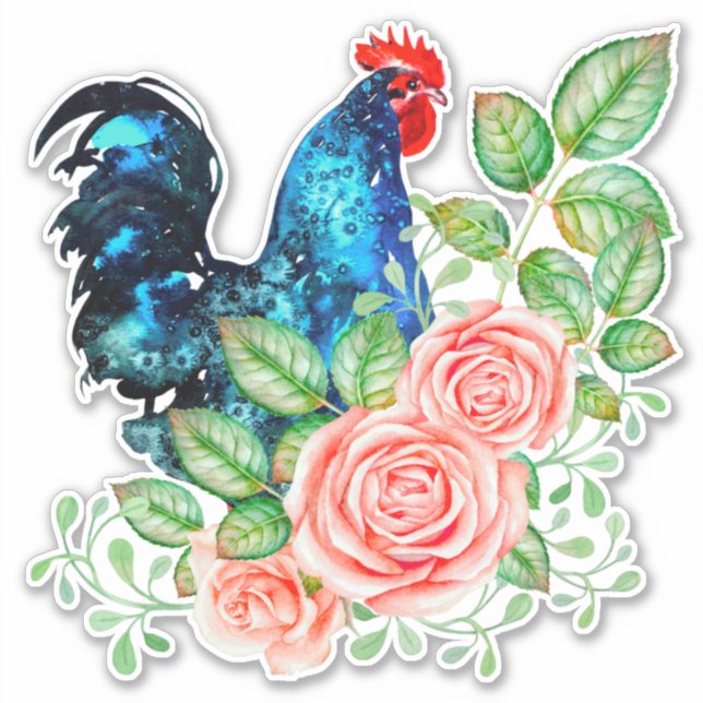 Rooster with Flowers Custom-Cut Vinyl Sticker (Front)