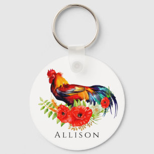 Rooster with Flowers Personalized Keychain