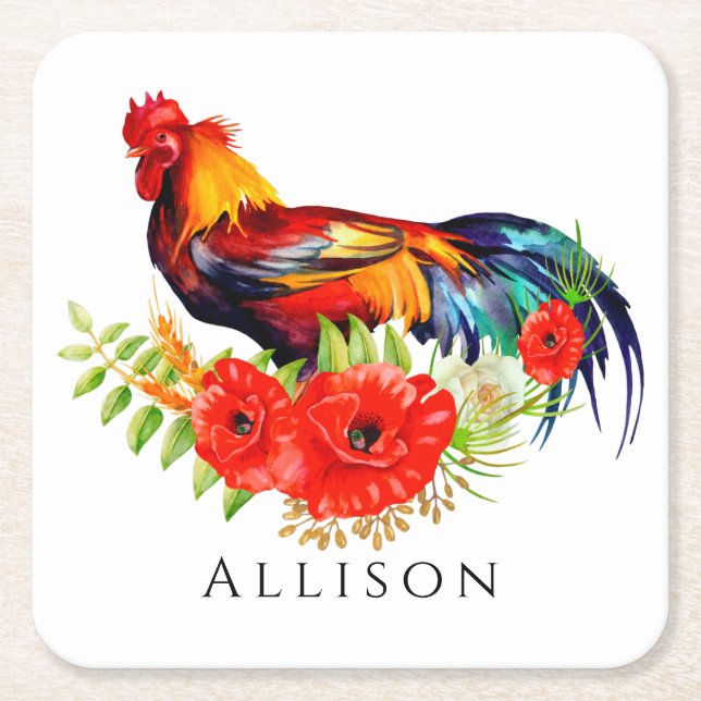 Rooster with Flowers Personalized Square Paper Coa Square Paper Coaster (Front)