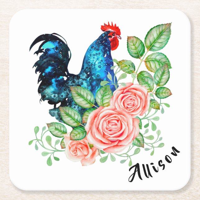Rooster with Flowers Personalized Square Paper Coaster (Front)