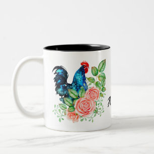 Rooster with Flowers Personalized Two-Tone Coffee Mug