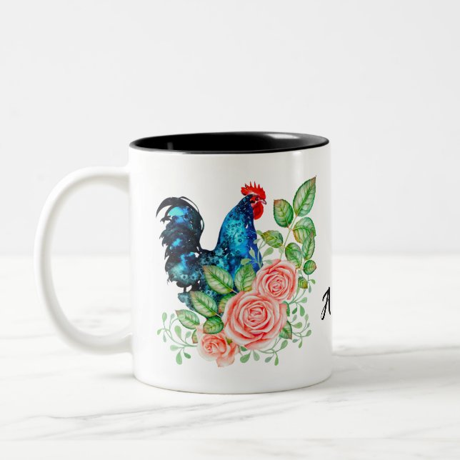 Rooster with Flowers Personalized Two-Tone Coffee Mug (Left)