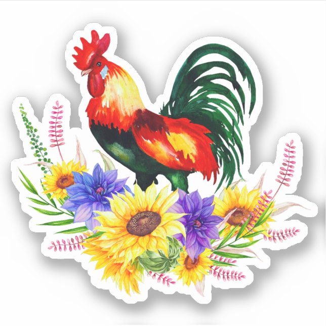 Rooster with Flowers  Sticker (Front)