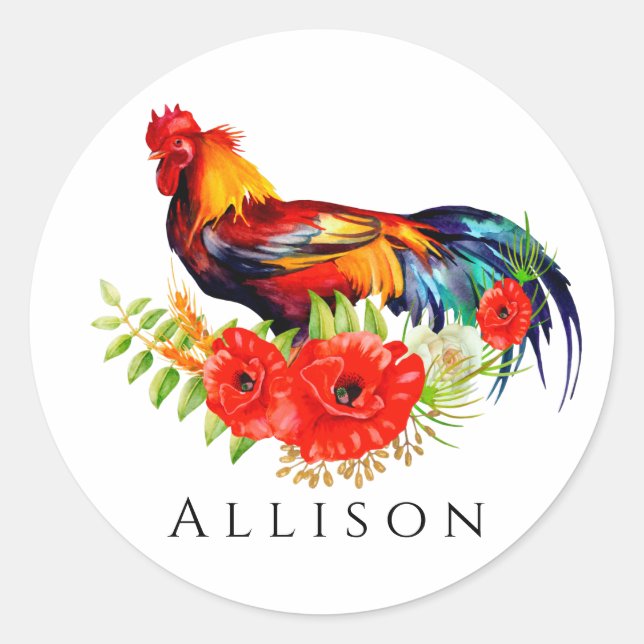 Rooster with Poppies Personalized Classic Round Sticker (Front)