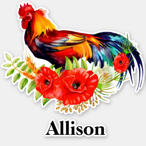 Rooster with Poppies Personalized Name  Sticker