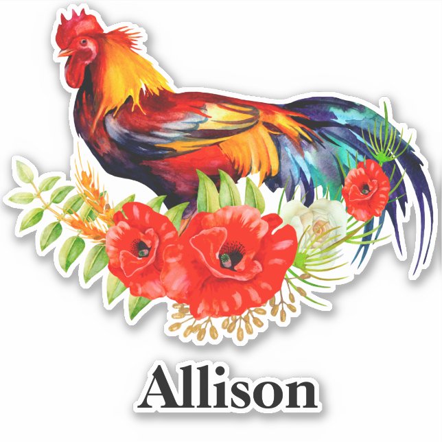Rooster with Poppies Personalized Name  Sticker (Front)