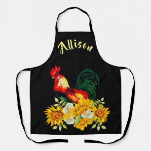 Rooster with Sunflowers Black Personalized Apron