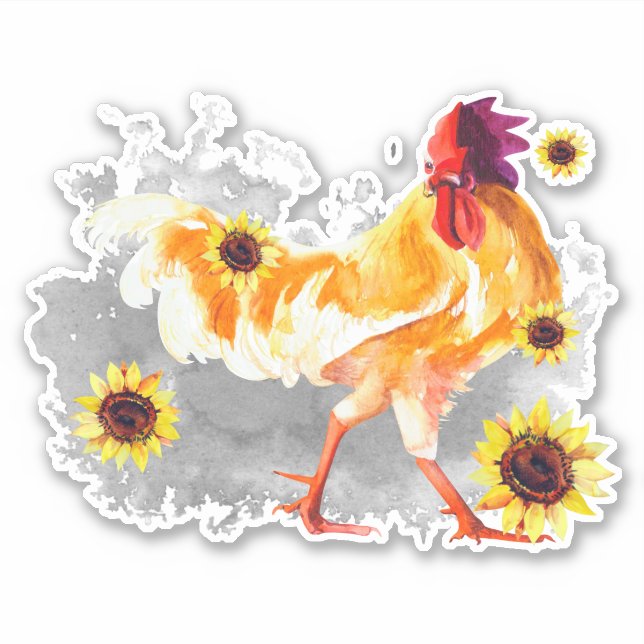 Rooster with Sunflowers Custom-Cut Vinyl Sticker (Front)