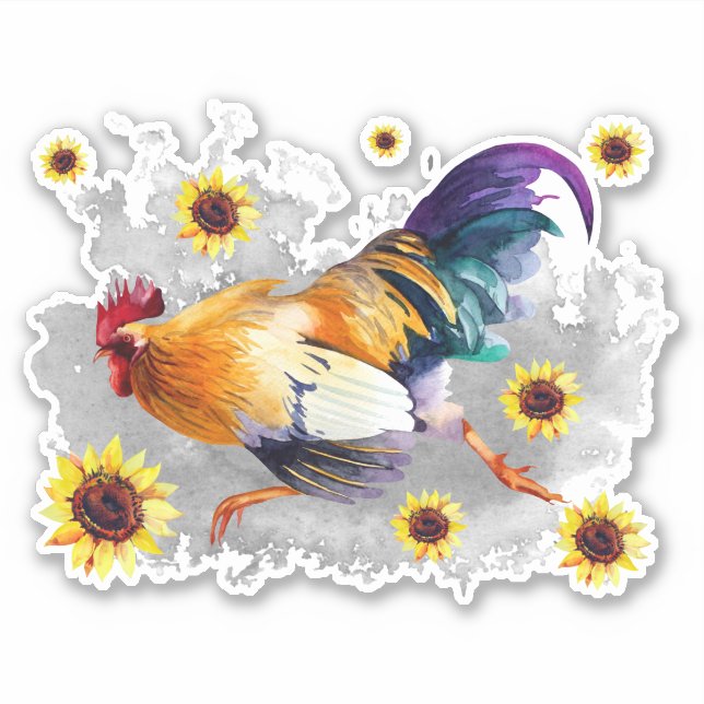 Rooster with Sunflowers Custom-Cut Vinyl Sticker (Front)