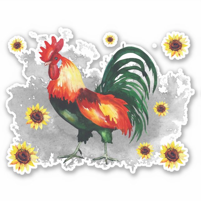 Rooster with Sunflowers Custom-Cut Vinyl Sticker (Front)