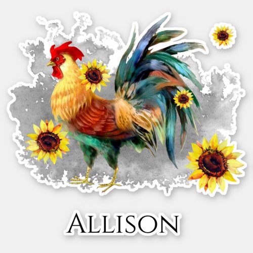 Rooster with Sunflowers Name Sticker