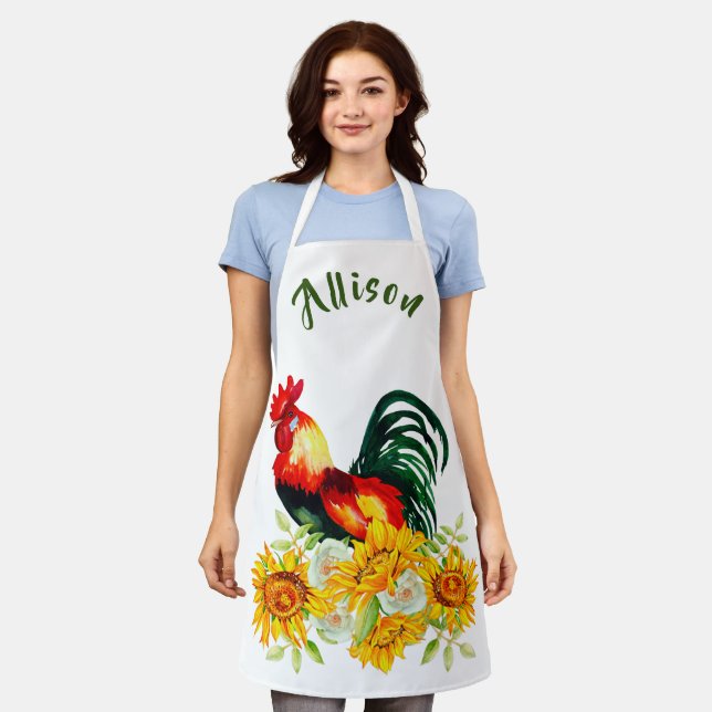 Rooster with Sunflowers Personalized Apron (Worn)