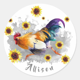 Rooster with Sunflowers Personalized Classic Round Classic Round Sticker