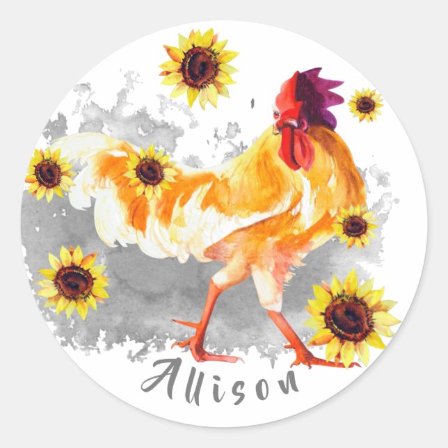 Rooster with Sunflowers Personalized Classic Round Classic Round Sticker (Front)