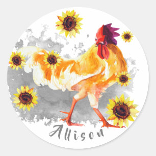 Rooster with Sunflowers Personalized Classic Round Classic Round Sticker