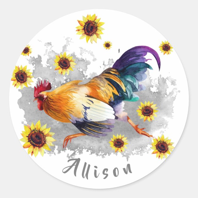 Rooster with Sunflowers Personalized Classic Round Sticker (Front)