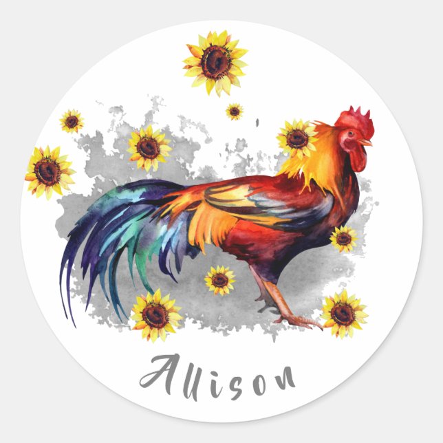 Rooster with Sunflowers Personalized Classic Round Sticker (Front)