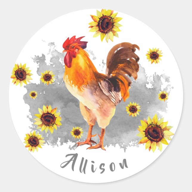 Rooster with Sunflowers Personalized Classic Round Sticker (Front)