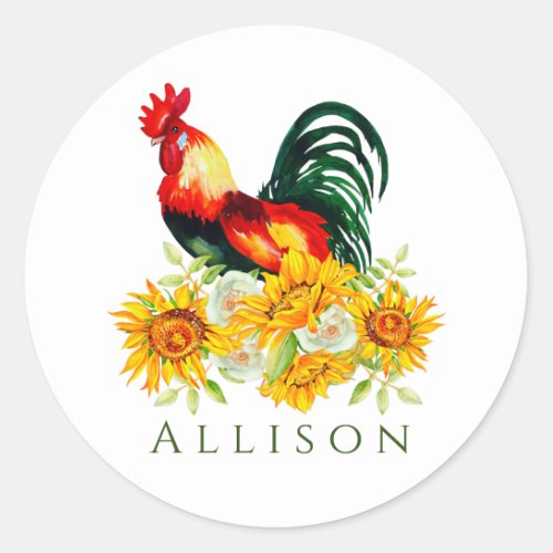 Rooster with Sunflowers Personalized  Classic Round Sticker