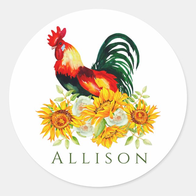 Rooster with Sunflowers Personalized  Classic Round Sticker (Front)