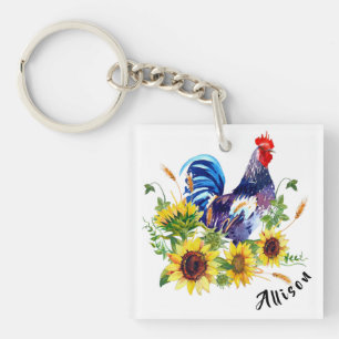 Rooster with Sunflowers Personalized Keychain