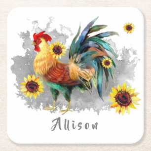 Rooster with Sunflowers Personalized Square Paper Coaster