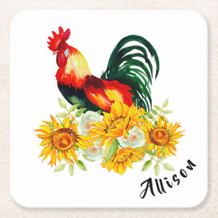 Rooster with Sunflowers Personalized Square Paper Coaster