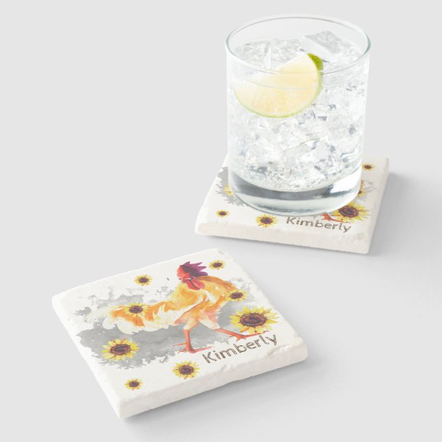 Rooster with Sunflowers Personalized  Stone Coaste Coaster (Side)