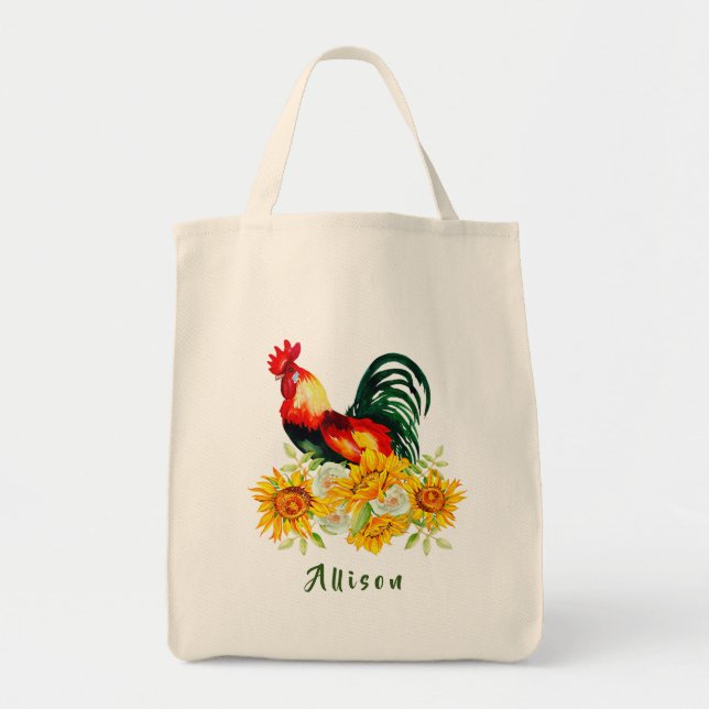 Rooster with Sunflowers Personalized Tote Bag (Front)
